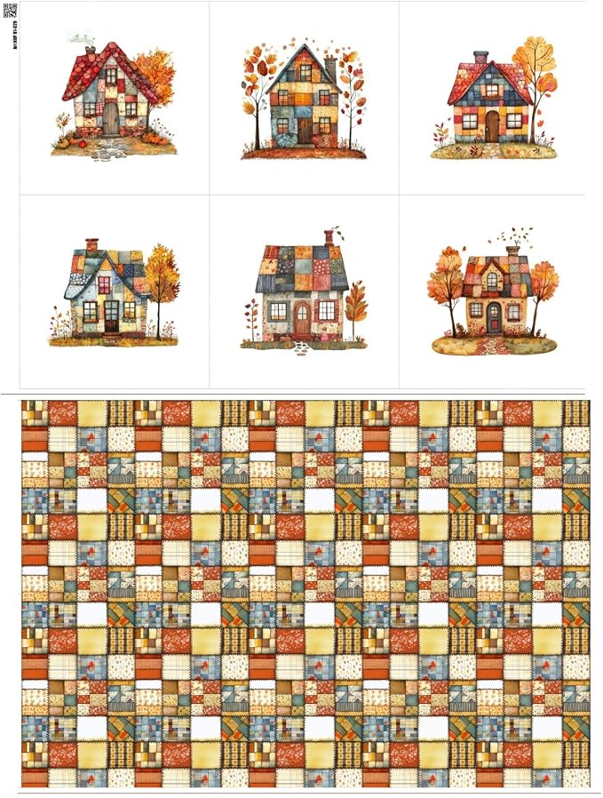 Cozy Autumn Patchwork House Fabric Panel – Six 10×10 inch Designs + Bonus 29.5×19.6 inch Patchwork Sheet, 100% Turkish Cotton 140 GSM