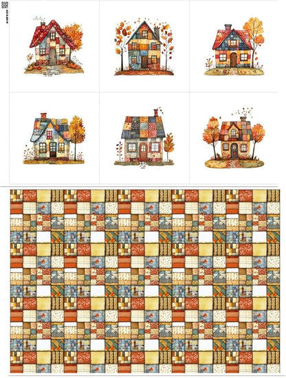 Cozy Autumn Patchwork House Fabric Panel – Six 10×10 inch Designs + Bonus 29.5×19.6 inch Patchwork Sheet, 100% Turkish Cotton 140 GSM