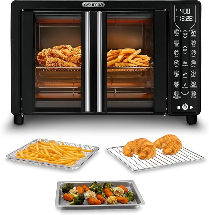 Gourmia French Door Air Fryer Toaster Oven – 6-Slice Capacity, FryForce 360°, Digital Display with 17 Cooking Presets, Black