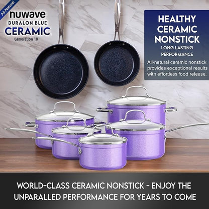 Nuwave Healthy Duralon Blue Ceramic Nonstick Cookware Set, Diamond Infused Scratch-Resistant, PFAS Free, Dishwasher & Oven Safe, Induction Ready & Evenly Heats, Tempered Glass Lids & Stay-Cool Handles