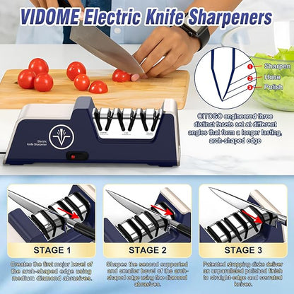 VIDOME Professional Electric Knife Sharpener with 100% Diamond Abrasives and Precision Angle Guides for Kitchen Straight Edge & Ceramic Knife, 3-Stage, Champagne Gold