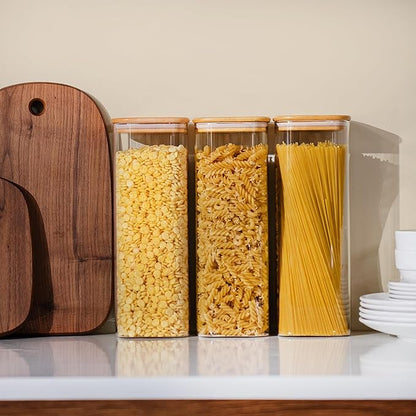 D2scrma 71oz Glass Square Storage Containers with Bamboo Lids Set of 3 (2100ml) Tall Food Storage Canisters Kitchen Jars for Pantry Organization Pasta, Penne, Macaroni, Lasagna, Fusilli