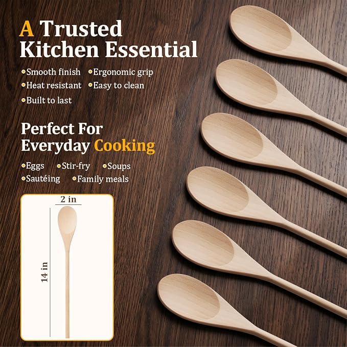 Cooking Wooden Spoons, MORGLES 14-Inch Serving Spoons for Stirring Mixing Serving Long Handle Plastic Free Reusable Non Scratch Dishwasher Safe, 5PCS