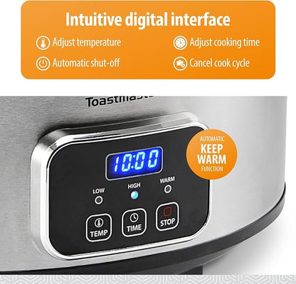 Toastmaster 4-Quart Digital Slow Cooker with Locking Lid - Food Warmer for Dip, Soups, Parties, Meal Preparation & More - Stainless Steel