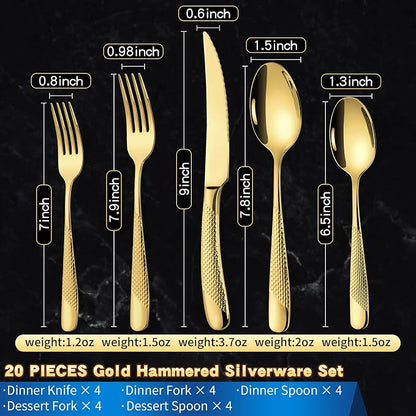 Lemeya 20-Piece Hammered Gold Silverware Set for 4,18/10 Stainless Steel Flatware Set with Serrated Forged Knives,Heavy Duty Cutlery Set for Home & Party Restaurant,Mirror Polished, Dishwasher Safe