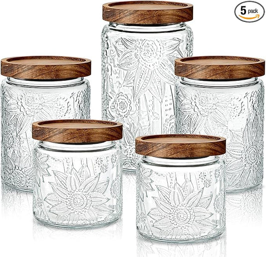 Gerrii Clear Sunflower Round 5 Pcs Vintage Glass Food Storage Containers 17/24/34 oz Glass Jar with Lid Airtight Candy Food Canisters for Kitchen Counter Pantry Coffee Beans