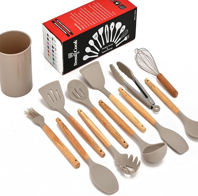 Silicone Cooking Utensils Set - 446°F Heat Resistant Silicone Kitchen Utensils Set, Spatula,Turner Tongs, Spoon, Whisk,Kitchen Gadgets for Nonstick Cookware, BPA Free（Khaki）