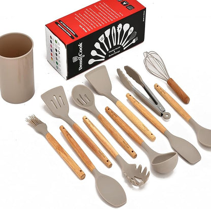 Silicone Cooking Utensils Set - 446°F Heat Resistant Silicone Kitchen Utensils Set, Spatula,Turner Tongs, Spoon, Whisk,Kitchen Gadgets for Nonstick Cookware, BPA Free（Khaki）