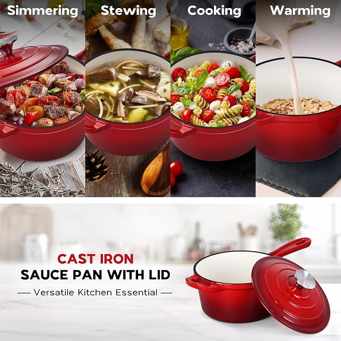 Onader Enameled Cast Iron Sauce Pan, 1QT & 2QT Small Saucepan Set with Lid, Cast Iron Sauce Cooking Pot, Enamel Dutch Oven, Nonstick & Induction Compatible – Red