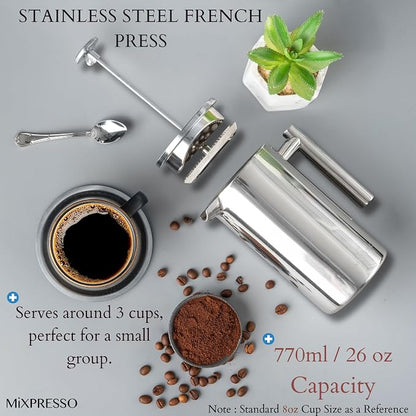 Mixpresso Stainless Steel French Press Coffee Maker 26 Oz 770 ml, Double Wall Insulated French Press Stainless Steel, Easy Clean Tea Brewer, Easy Press Durable Metal Coffee Press