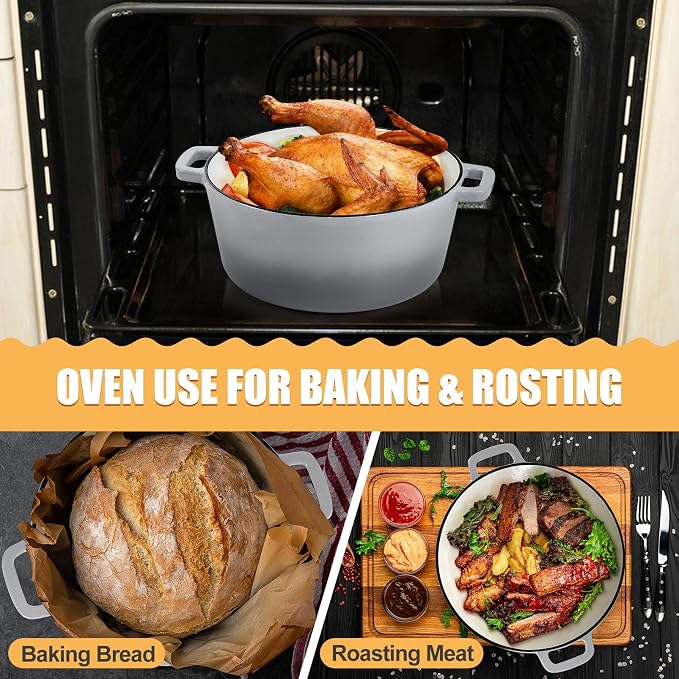 P&P CHEF 5Qt Dutch Oven Pot for Bread Baking (Gray), 2 In 1 Round Cast Iron Dutch Oven with Lid Set, Skillet & Pot for Roasting Braising Stewing Frying Simmering, Multi Stoves & Oven Safe