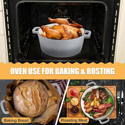 P&P CHEF 5Qt Dutch Oven Pot for Bread Baking (Gray), 2 In 1 Round Cast Iron Dutch Oven with Lid Set, Skillet & Pot for Roasting Braising Stewing Frying Simmering, Multi Stoves & Oven Safe