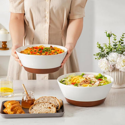 MALACASA Serving Bowls, 105oz Large Salad Bowls for Party, Entertaining, Big Ceramic Bowls for Soup, Fruit and Pho, 2-Pc Wide Bowl Set, White & Brown