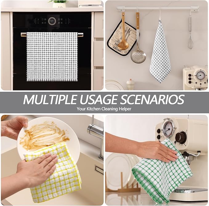 Homaxy Kitchen Towels and Dishcloths Set, 16 x 25 and 12 x 12 Inches, Set of 16 Cotton Terry Kitchen Dish Towels, Super Soft and Absorbent Dish Cloths, Black/Grey/Yellow/Green
