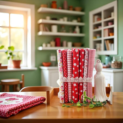7Pcs Square Shape, Flower, Striped, Polka Dot Cotton Fabric Fabric for Sewing, 25x25cm Cotton Fabric Flower Polka Dot Bundle DIY Patchwork Quilt Cloth,Craft and Hobby Fabric (Red)