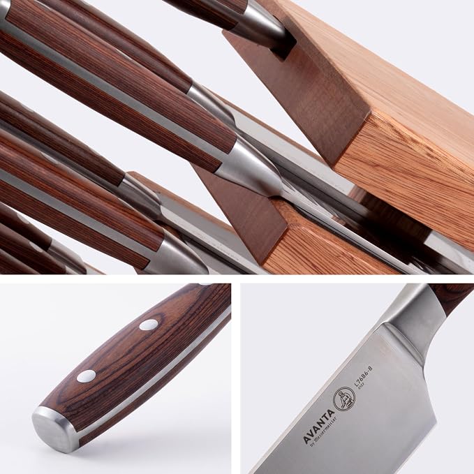 Messermeister Avanta Forged 10-Piece Pakkawood Knife Block Set - Oprah's Favorite Things - German X50 Stainless Steel - 4 Speciality Knives, Heavy-Weight Fork, 4 Steak Knives & Magnetic Knife Block