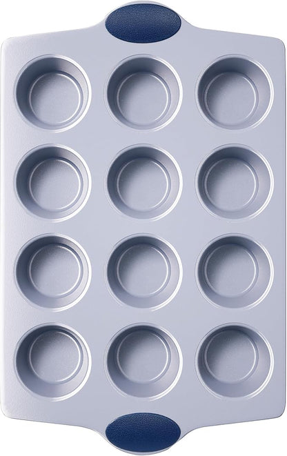 BRONYPRO 12-Cup Non Toxic Nonstick Ceramic Muffin Pan & Cupcake Tin, PFOA & PFOA Free, Heavy Duty Rust-Resistant Aluminized Steel, Oven Safe, Blue