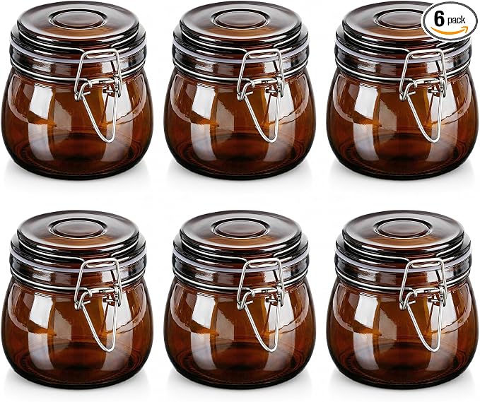 Norme 6 Pack 16oz Amber Airtight Glass Jars with Lids, Round Food Storage Container Airtight Food Wire Clip Fastening for Sauerkraut Flour Kitchen Sugar Cereal Kitchen Canning Pickling Mason Jars