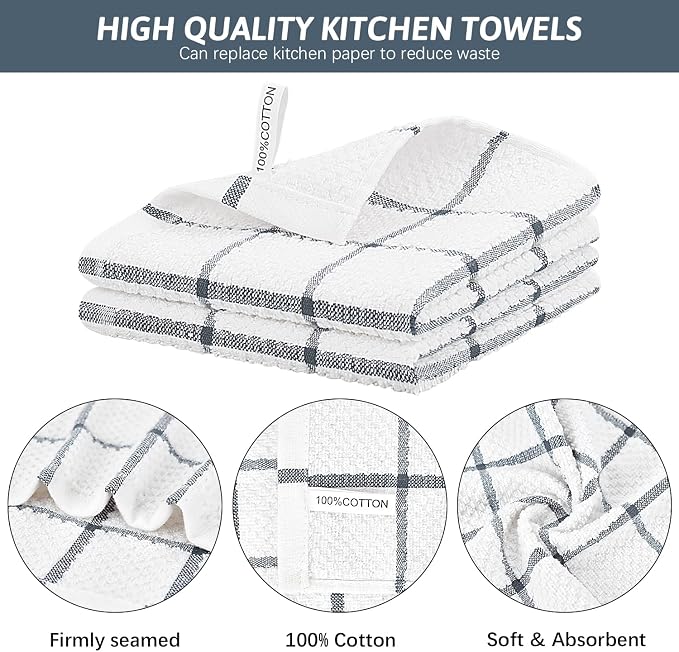 Nialnant Cotton Terry Dish Cloths,8 Pack Dish Rags for Washing Dishes,Super Soft and Absorbent Cleaning Rags - Grey Plaid