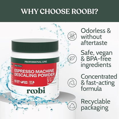 Roobi Professional Espresso Machine Descaling Powder. Carbon Neutral Espresso Descaler Powder. Up to 21 uses, 600gr.