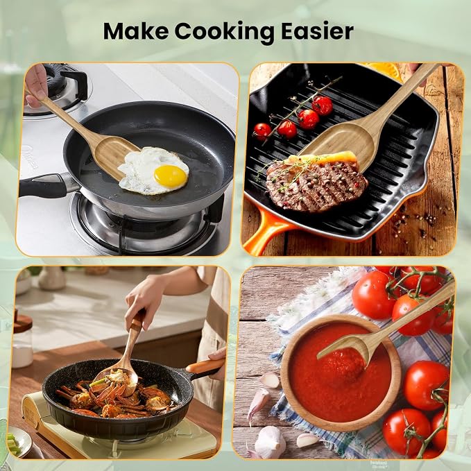 GEEKHOM Flat Wooden Spatula Teak Turners : 13 Inch Bamboo Utensils for Nonstick Cookware, Pancake Fish Egg Flipper, Stirring Serving Scraping 2 PCS