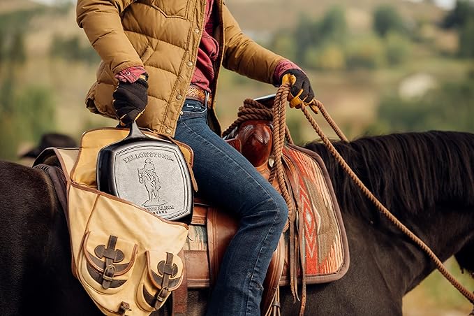 Lodge Pre-Seasoned Yellowstone Stamped Cast Iron Cookware - Signature Teardrop Handle & Assist Handle - Cowboy on Horseback 10.5 Inch Grill Pan