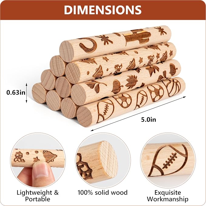 10pcs Wooden Clay Texture Rollers Set for Pottery & Ceramics - Popular Patterns - Potters Stamp Roller Tools for Ceramic Slabs - Textured Rolling Modeling Pins (0.63" x 5" inch)