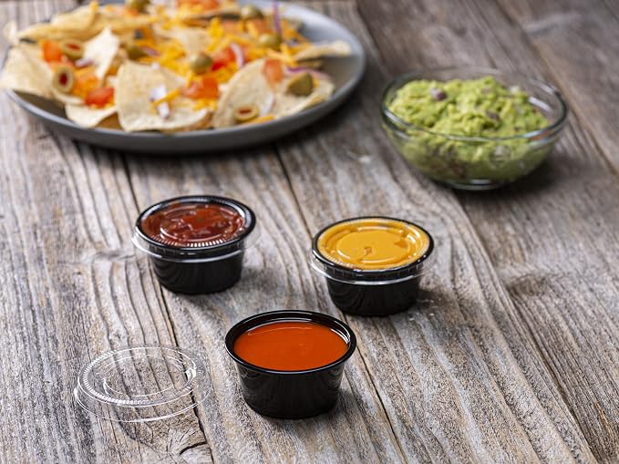 2 oz - 100 Sets Black Diposable Plastic Portion Cups With Lids, Small Mini Containers For Portion Controll, Jello Shots, Meal Prep, Sauce Cups, Slime, Condiments, Medicine, Dressings, Crafts