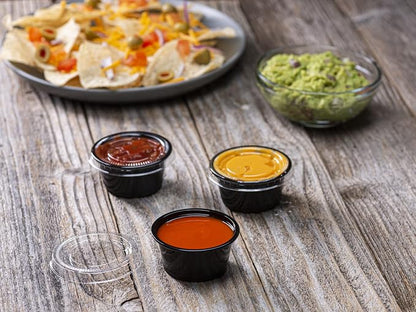 2 oz - 100 Sets Black Diposable Plastic Portion Cups With Lids, Small Mini Containers For Portion Controll, Jello Shots, Meal Prep, Sauce Cups, Slime, Condiments, Medicine, Dressings, Crafts