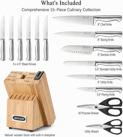 McCook® Knife Sets,German Stainless Steel Knife Block Sets with Built-in Sharpener, 15 Piece Chef Knife and More, Razor Sharp, Restaurant Grade, Anti-Rust, Elegant Box for Gift