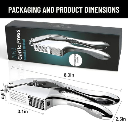 Garlic Press Stainless Steel - 3-in-1 Heavy Duty Garlic Press and Slicer, Professional Garlic Mincer Tool & Garlic Crusher with Ergonomic Handle, Dishwasher Safe Garlic Presser Set