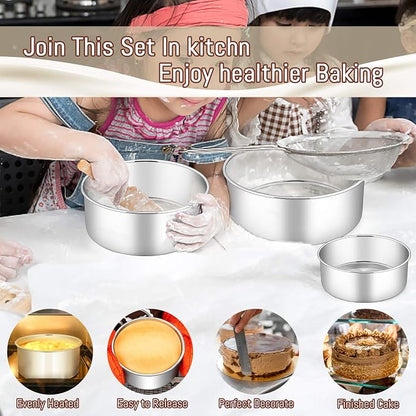 E-far Cake Pan Set of 3 (4’’/6’’/8), Deep Stainless Steel Round Cake Pans Tins for Wedding Birthday, Non-toxic & Dishwasher Safe, Mirror Finish & Straight Side