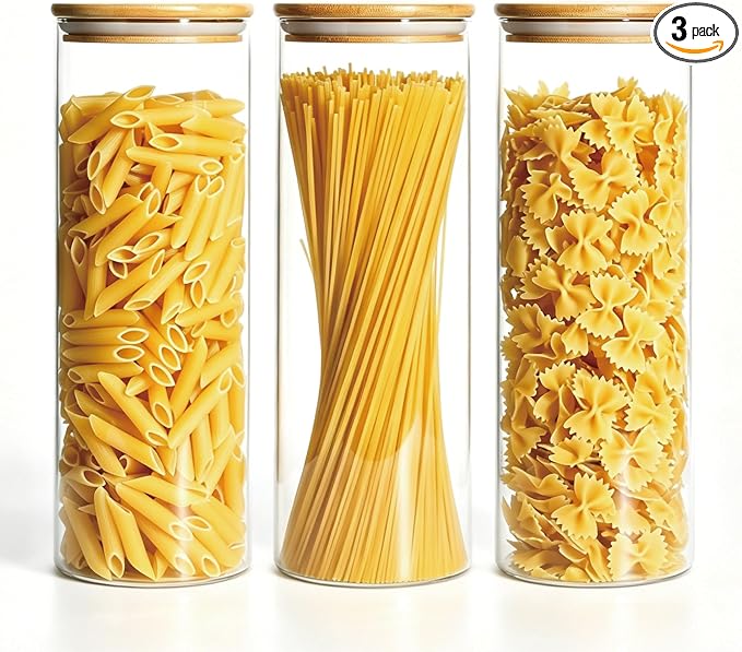 3 Pack 2300 ML / 80 FL Oz Glass Storage Container with Wood Lid, Stackable Clear Decorative Organizer Bottle Canister Pantry Jar with Air Tight Wooden Lid for or Pasta, Spaghetti, Noodles, Food, Coffe