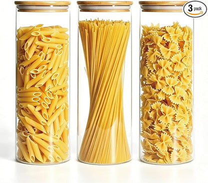 3 Pack 2300 ML / 80 FL Oz Glass Storage Container with Wood Lid, Stackable Clear Decorative Organizer Bottle Canister Pantry Jar with Air Tight Wooden Lid for or Pasta, Spaghetti, Noodles, Food, Coffe