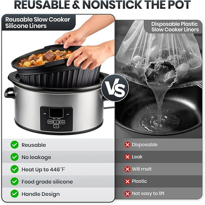 Silicone Slow Cooker Liners Compatible with Crock Pot 6 QT,Maywe Tanso Crock Pot Liners Fit 6 Quart Oval Slow Cookers,Reusable & Leakproof Silicone Slow Cooker Liner For Crockpot,Dishwasher Safe