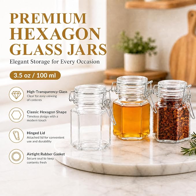 TOPZEA 30 Pack Hexagon Glass Jars with Airtight Lid, 3.5oz Clear Spice Jar, Herb Storage Containers Food jars for Pantry Organization, Honey, Jam, Party Favors & Crafts (Includes Labels & Hemp Rope)