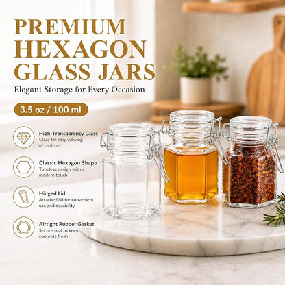 TOPZEA 30 Pack Hexagon Glass Jars with Airtight Lid, 3.5oz Clear Spice Jar, Herb Storage Containers Food jars for Pantry Organization, Honey, Jam, Party Favors & Crafts (Includes Labels & Hemp Rope)