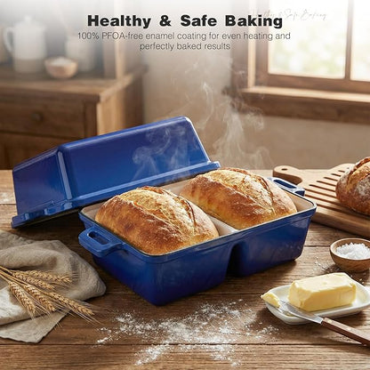 Double Dutch Oven for Sourdough Bread Baking,Enameled Cast Iron Dutch Oven with Lid,Double-Chamber Square Mini Sourdough Loaf Pan for Homemade Bread,Dark Blue(Patent Has Been Applied for)
