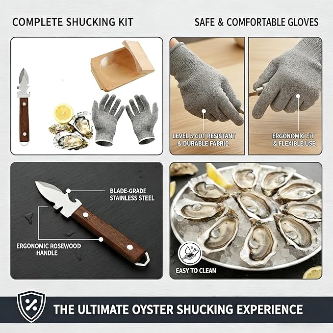Oyster Shucker, 3-Piece Set With Oyster Clamp, Shucking Knife & Cut Resistant Gloves (Level 5), Professional Shucking Tools For Fresh Oysters And Clams