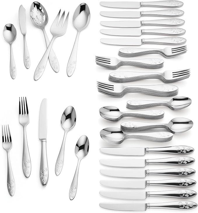 Lenox Silverware Set For 12, Butterfly Meadow 65-Piece Flatware Set, Service For 12, 18/10 Stainless Steel, Dishwasher Safe, Butterfly and Flower Motif, Includes Serving Utensils (Silver, 65 Piece)
