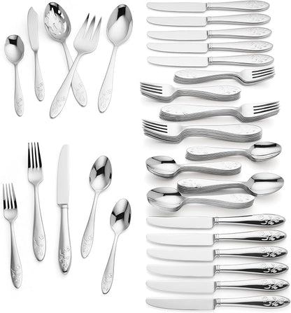 Lenox Silverware Set For 12, Butterfly Meadow 65-Piece Flatware Set, Service For 12, 18/10 Stainless Steel, Dishwasher Safe, Butterfly and Flower Motif, Includes Serving Utensils (Silver, 65 Piece)