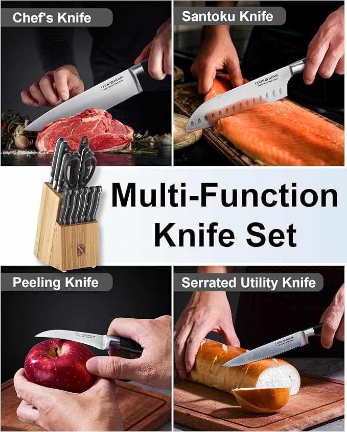 Cook N Home Basics Bamboo Kitchen Cutlery Block Set with Knifes, High Carbon Stainless Steel Blade, 15-Piece, Black