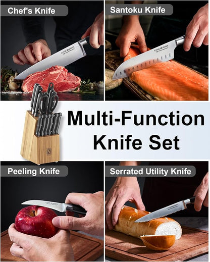 Cook N Home Basics Bamboo Kitchen Cutlery Block Set with Knifes, High Carbon Stainless Steel Blade, 15-Piece, Black