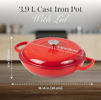 Shallow Cast Iron Casserole with Lid – Non Stick Dutch Oven Pot, Oven Safe up to 500° F – Sturdy Ovenproof Stockpot Cookware – Enamelled Cooking Pot – Red, 3.7-Quart, 30cm – by Nuovva