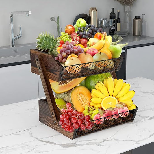 Dorhors Fruit Basket for Kitchen,Fruit Bowl,Kitchen Counter Organizer,Wooden Vegetable Holder for Countertop,Bread Storage Basket Stand(2 Tier)