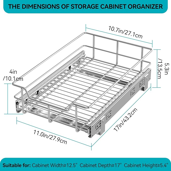 Pull Out Cabinet Organizer 11" W X 17" D, Slide Out Drawers For Kitchen Organizers and Storage, Pull Out Drawers For Cabinets Capacity Heavy Duty Caddy, Cabinet Shelves Chrome-Plated, Bathroom Pantry