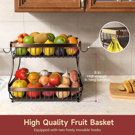 Sevenblue 2 Tier Large Fruit Basket for Kitchen Counter with 2 Mobile Banana Hangers, 2026 Pro Detachable Metal Fruit Bowl with Wooden Handle (Brown, 2 Tier Extra Large)