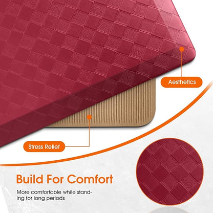 TranquilRelax 4/5 Inch Thick 2-Piece Anti-Fatigue Kitchen Mats, Cushioned Non-Slip Waterproof Sink & Stove Floor Mats, Comfortable Standing Rug Set for Kitchen, Laundry & Entryway, Red