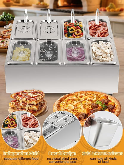 Pizza Topping Station Pizza Storage Container Topping containers with Lids Spoon Condiment Organizers Buffet Containers Set for Restaurant Pizza Sauce Jam Fruit Ingredient Pantry (8 Pans)