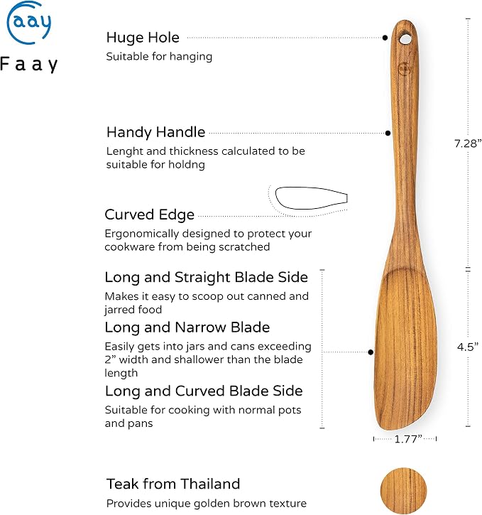 FAAY Jar Spoon, 12" Mixed Bowl Wooden Spoons for Cooking, Handmade Teak Wooden Spoon, Healthy Utensils, Suitable for Right Hand.
